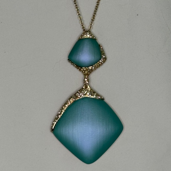 Alexis Bittar Aqua Lucite, Crystal, and Gold Tone two stone Necklace - Picture 2 of 5